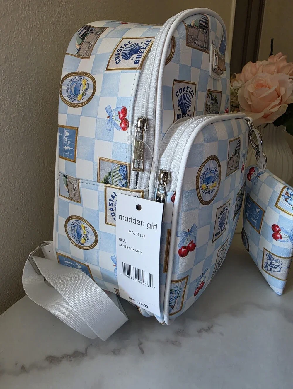 Madden Girl Coastal Breeze Mini Backpack & Coin Pouch Set Blue Gingham - NWT